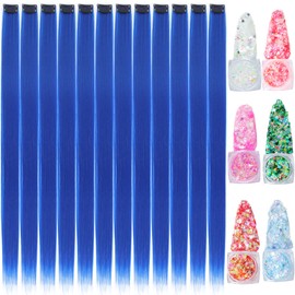 Colored Hair Extensions, 22 Inch Straight Clip in Hair Extension Body Face Hair Glitter Multi Color Rainbow Pink Red Hairpiece Extensions for Kids Girls Women (Glitter+Crystal Blue)