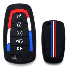 iJDMTOY Black Soft Silicone Key Fob Cover w/ Iconic Red/White/Blue US Flag Stripes Compatible with Ford 2018-up Mustang Raptor F150 F250 Explorer Expedition, 2021-up Bronco 5-Button Smart Key