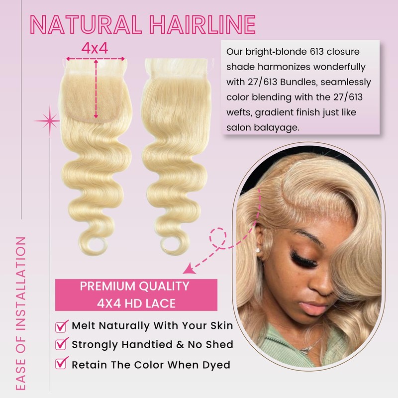 #613 Light Blonde Body Wave 4x4 HD Transparent Lace Closure