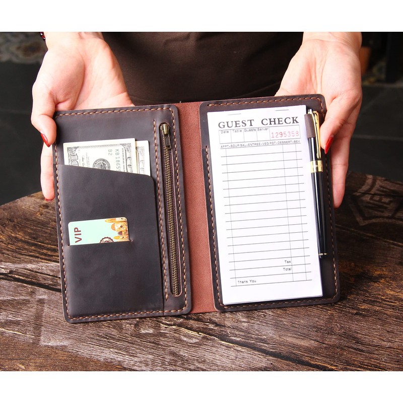 Server Book Organizer with Zipper Pocket, Genuine Leather Restaurant Guest