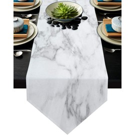 Marble Linen Table Runner-60Inch Long White and Grey Stone Texture Washable Burlap Table Runners Natural Cracks Granite Dining Dresser Scarfs for Kitchen Wedding Holiday Party Tables Decor