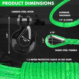 STEGODON Synthetic Winch Rope, 1/4'' x 50ft 10,000LBS Synthetic Winch Line 1/4 Winch Cable Replacement Synthetic Rope with Forged Winch Hook and Rubber Stopper for 4WD Off Road Vehicle ATV UTV (Green)