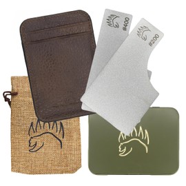 2X Dual Grit Diamond Sharpening Stone + Leather Wallet Strop | by The Bear Essentials | Pocket Credit-Card Sized Field Sharpener for Camping, Bushcraft, Outdoors, Survival, EDC (Light Brown)