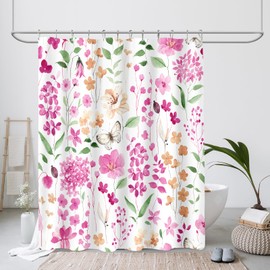 MAYZUS Pink Green Floral Shower Curtain, Cute Flower Fabric Shower Curtains for Bathroom, Watercolor Wildflower Butterfly Cloth Shower Curtain Set with Hooks, 72x72