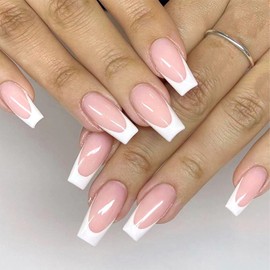 White French Tip Press on Nails Medium Coffin Fake Nails Nude Acrylic Glossy Glue on Nails Reusable Artificial Acrylic Nails for Women Girls Nail Art Manicure Decoration 24pcs