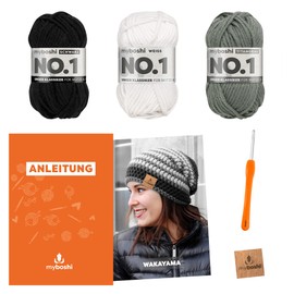 myboshi Crochet Set Beanie Wakayama, Crochet Set for Beginners, Includes No.1 Wool, Needle and Instructions, Label, Crochet Pack for Beginners, 30% Merino Wool Black with Crochet Hook