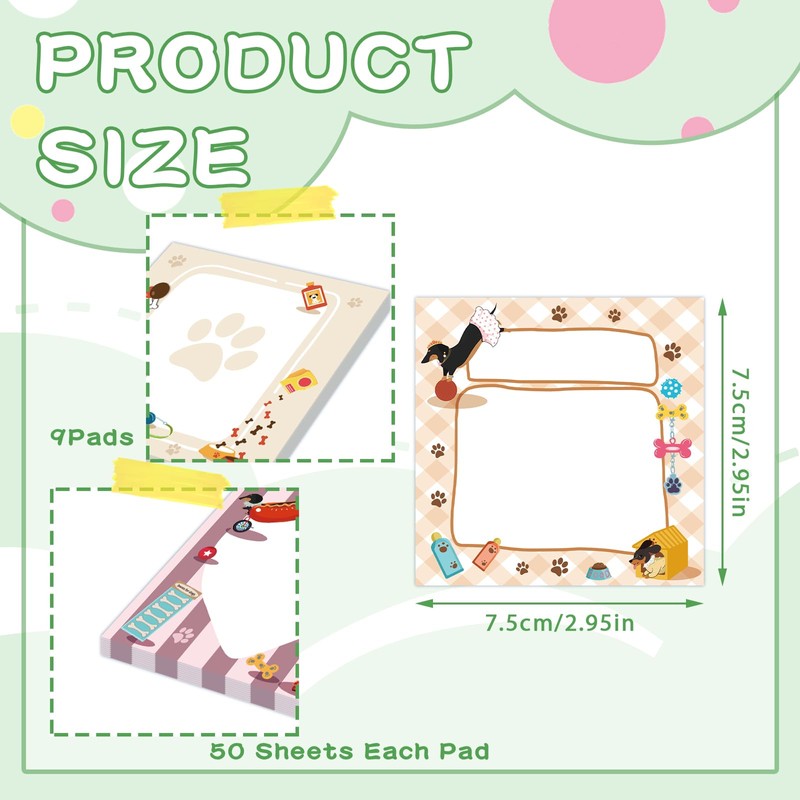 ZCPTZ 9 Pcs Cute Dachshund Notepads 3" x 3" Self-adhesive