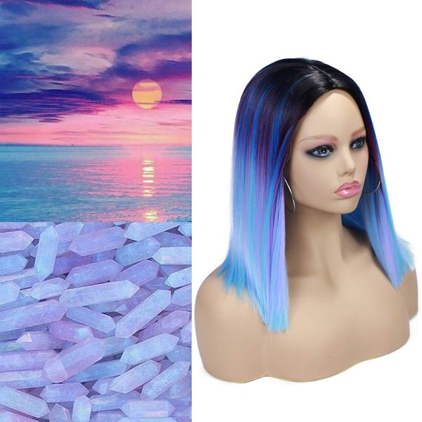 Quick Wig 14 Inch Rainbow Colorful Wigs Bowl Cut Short Bob Wig Straight Hair Middle Part Cosplay Wig Heat Resistant Fiber Synthetic Wigs for Women(Black/Blue/Purple/Pink/Mint Green)
