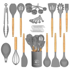 33-piece silicone kitchen utensil set with wooden handles and a utensil holder. Includes spatulas, tongs, whisks, measuring cups, and more. Non-stick, heat-resistant (up to 446°F), BPA-free.[KHAKI].