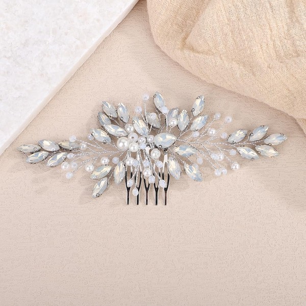 Teyglen Silver Opal Rhinestone Crystal Hair Comb with Pearl Wedding