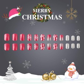 Snowflake Press on Nails Short Square Fake Nails Christmas False Nails with Design Glitter Acrylic Nails Christmas Tree Glue on Nails Winter Artificial Nails Xmas Stick on Nails for Women Nail Decor
