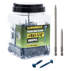 LIONMAX Pocket Hole Screws 1-1/4 Inch, 1000 PCS Exterior Pocket Screw #8 x 1-1/4", Coarse Thread, Square Drive, Washer Head, Blue Coated Weather Resistant, 150MM and 75MM Drive Bit Included