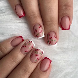 Short Square Press on Nails French Tip Fake Nails Full Cover Red Cherry False Nails with White Nail Tip Designs Glossy Glue on Nails Cute Acrylic Nails Manicure Artificial Nails for Women Girls 24Pcs