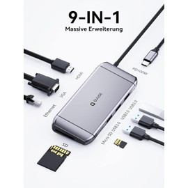 QUUGE 9-in-1 Docking Station with PD Fast Charging, HDMI and VGA Dual-Use 4K @ 30Hz USB C Dock LAN 1000Mbps Type-C Hub 9 Ports with Micro SD/SD Card, 3 x USB 3.0 5Gbps Data Transfer Ports