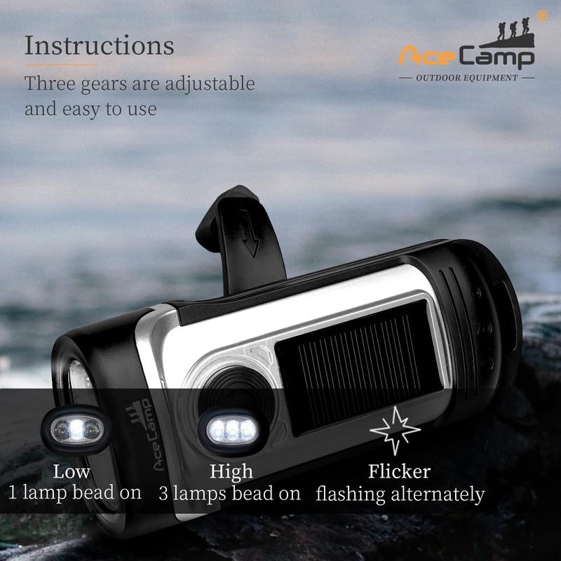 AceCamp Flashlight Hand Crank Solar Powered, IPX6 Emergency Flashlight, Outdoor