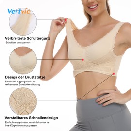 Vertvie Women's Sports Bra, Lace Bra, Women’s Bustier, Thin Lace Bra, Front Closure, Push Up, Without Underwire, Top for Yoga, Fitness, Training, Stretchy Feel-Good Bra - C-black+white+skin, size: xxl