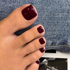 KQueenest Burgundy Red Toe Press on Nails Short Square, Glossy Pure Soft Gel Fake Toe Nails Press on, Natural Fit Glue on Toe nails for Women, Reusable Toe Acrylic Nails for Summer Decoration 24 Pcs