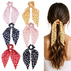 6 Pcs Satin Hair Ribbons for Women Floral Hair Scarf with Bow Elastic Hair Bands Bobbles Floral Bowknot Hair Ties Scrunchies Long Ribbon Ponytail Holders Colorful Dot Accessories for Girls