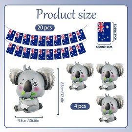 Australian Party Decorations, 4 Koala Balloons 31.5x35cm and 20 Flags Banner 14x21cm, Australia Day Decor for Kids Birthday Party and National Celebration