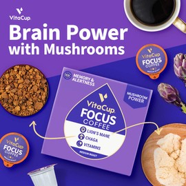VitaCup® Focus Mushroom Coffee Pods 64ct w/ Lion's Mane & Chaga for Focus, Immune Support & Metabolism in Recyclable Single Serve Pod Compatible with K-Cup Brewers Including Keurig 2.0