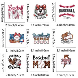 9Pcs Baseball Mom Mama Iron on Decals for T-Shirt DIY Washable Heat Transfer Vinyl Stickers for Clothing Jeans Pillow Covers Applique
