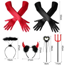 Sprinlot Women's Long Gloves, Devil Gloves, Headband, Trident Set, 1920s Costume Accessories, Gloves Costume for Carnival, Party, Cosplay, red black