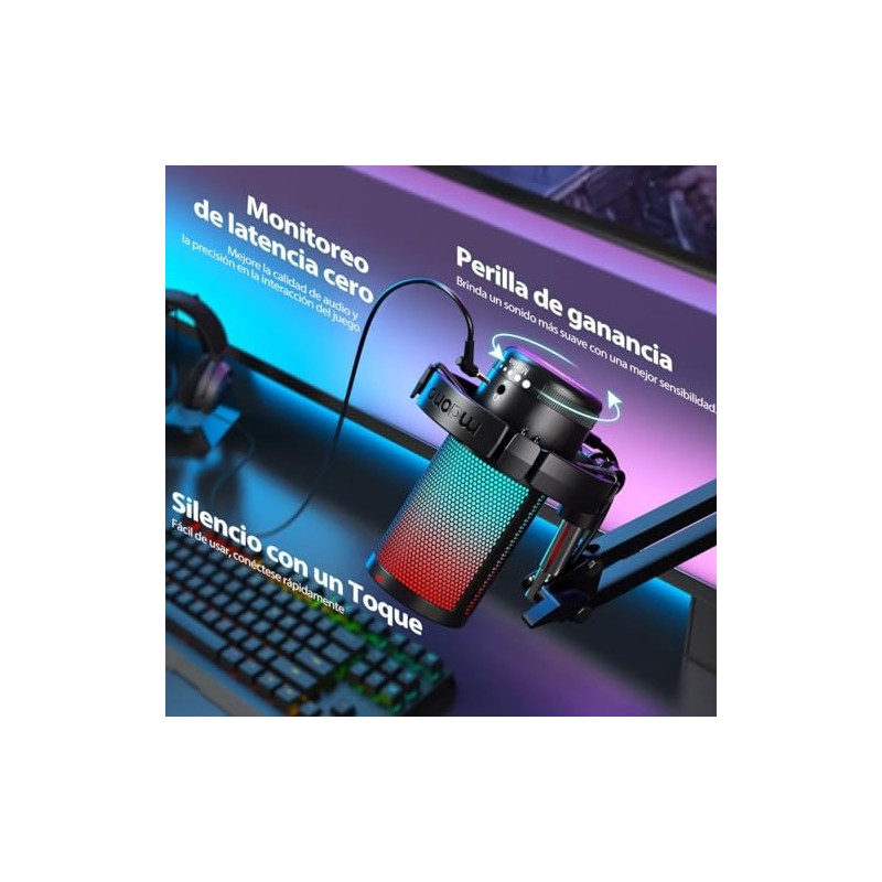 MAONO Gaming Microfono USB, RGB y Brazo micrófono PC Condensador