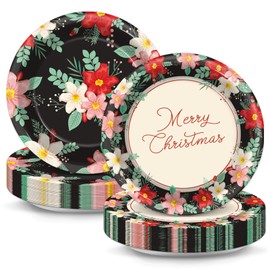 50Pcs Christmas Floral Plates Christmas Party Decoration 7Inch Xmas Disposable Paper heavy duty Dessert Plate Holiday Appetizer Tableware Dinnerware Set for Winter Birthday Dinner Table Party Supplies