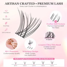 Natural Wispy Soft Lash Clusters Kit, C Curl Individual Lashes 8-16mm, DIY Salon Eyelash Extensions with Thin 0.05mm Invisible Band,Lightweight, Waterproof for Daily Wear, AIRY 11 Kit
