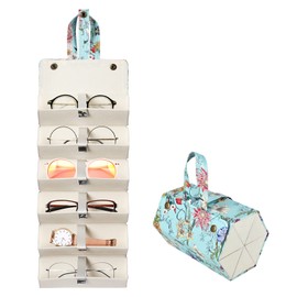 MEGREZ 6 Slots Sunglasses Organizer Box, PU Leather Foldable Eyeglasses Case, Portable Sunglasses Case for Multiple Glasses, Sunglasses Holder for Travel, Blue-Flowers