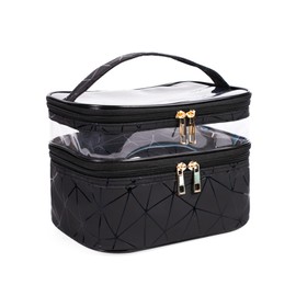 Kosmetiktasche, Waschtasche Damen, Doppelschicht Zip Beutel, wasserdichte Kosmetiktasche, Transparente Kosmetiktasche mit Bürstenfach, Mehrere Farben Verfügbar (Schwarz)