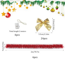 Xbessc Pack of 6 2 m Christmas Tree Tinsel Red Christmas Tree Garland with Bow Christmas Garland Christmas Tree Decoration Garland Christmas Garland Christmas Tinsel