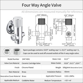 nomona Combination Angle Valve, Chrome-Plated Brass Four-Way Angle Valve, Water Valve with One-Hand Operation, Wall Connection G1/2 Inch (Male G1/2 Inch Inlet, Male G3/8 Inch xG1/2 x G3/4 Inch