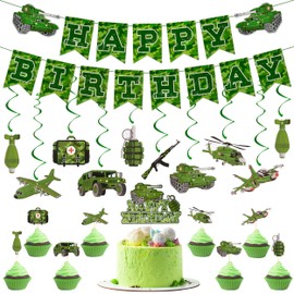 Attimal Military Birthday Party Decorations - Adults and Children Party Supplies, Including Eye-Catching Camouflage Birthday Banner and Military Theme Hanging Spiral 34 Pieces