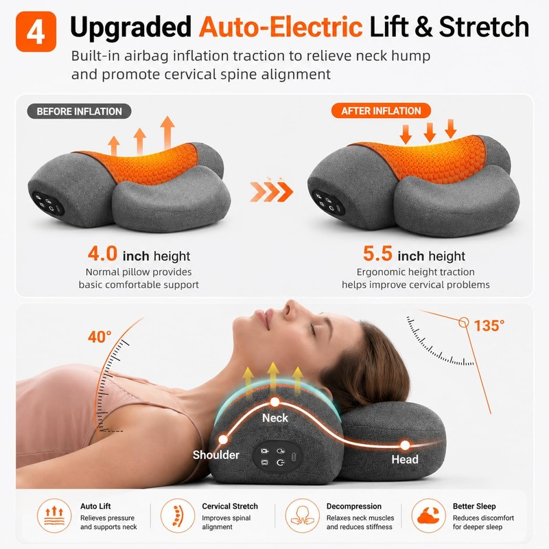 Cordless Heated Neck Massager Pillow, 3-in-1 Rechargeable Neck Stretching Device