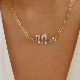 Aneneiceera Vintage Emerald Snake Choker Necklace Punk Crystal Snake Pendant Necklace Gold Serpent Collar Necklace Chunky Curb Chain Necklace Jewellery for Women and Girls (Gold A), Metal