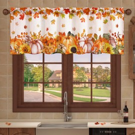Fall Kitchen Valance Curtains, Thanksgiving Valances for Windows Pumpkins Tab Top Short Curtains Window Treatment, Maple Leaves Window Valances Rod Pocket Panels for RV Bedroom Room Cafe 52"x18"