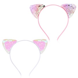 Qianyu 2 Pack Reversible Sequin Cat Ears Headband Glitter Cat Hairbands Shiny Cute Kitty Headband Hair Metal Hoop Hair Accessories for Women Girls Daily Wearing and Party Decoration (white,pink)
