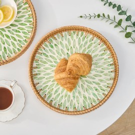 Round Rattan Tray for Home Decor 11.8 inch, Serving Tray with Mother of Pearl Inlay, Wicker Basket for Coffee Table, Hand Woven Decorative Tray (Green)