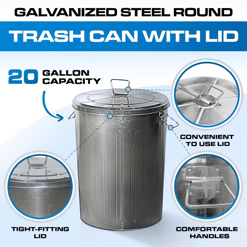 Plexon Outdoor Metal Trash Can with Lid, Galvanized Steel Outside