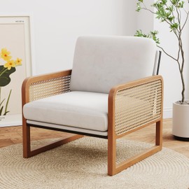 HAOBO Home Accent Chair Natural Rattan Armchair Mid Century Modern Chair Upholstered Living Room Chairs Comfy Lounge Chair for Bedroom Reading Room