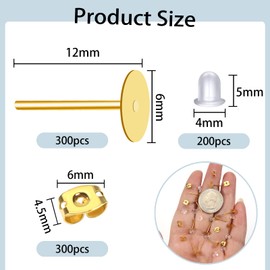 TOAOB 800pcs Gold Tone Earring Posts Flat Pad Earring Studs and 4.5x6mm Butterfly Earring Backs and 5x4mm Rubber Safety Earring Backs for Jewelry Making Findings
