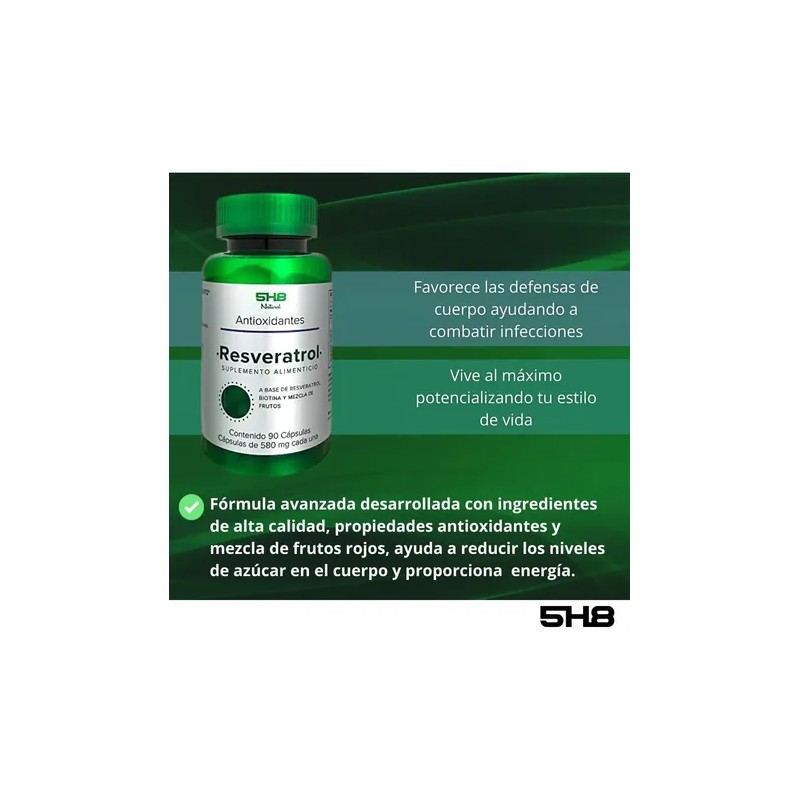 5h8 Resveratrol 90 Cáps Con 250 Mgs Frutos Rojos Con