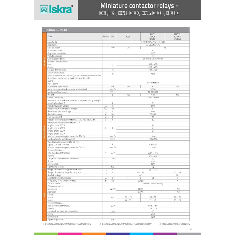 Contactor ISKRA K07M-10/Sp4 Uc: 220/240V 50/60Hz 4s, 11.3A