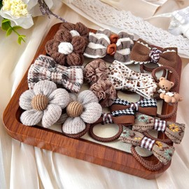 30Pcs Small Dog Hair Bows with Rubber Bands Handmade Girls Female Puppy Dog Bows That Stay in Cute Pet Grooming Flower Ball Bowknot Medium Dog Hair Ties Accessories Bulk for Yorkie Maltese (Brown)