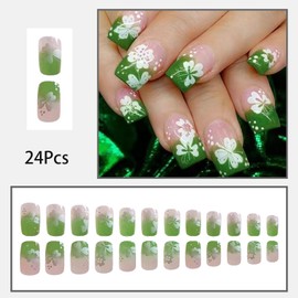 24 Pcs Emerald Green Square Press on Nails St. Patrick's Day Fake Nails with Glue Cute Shamrock Designs Green Gradient False Nails Medium Glue on Nails Glossy Full Cover Stick on Nails for Women