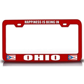 Customola - Happiness is Being in Ohio w/Flag State Flag Steel Metal License Plate Frame Red