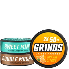 GRINDS Grinds Coffee Pouches | 3 Can Energy Sampler | Double Mocha, Sweet Mint, Orange Citrus | 1 Pouch eq. 1/2 Cup of Coffee (3 Can Energy Sampler Pack)