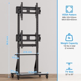 EZISE Rolling Dual TV Stand, Mobile TV Cart for Two 32-55 inch TVs with Storage and Lockable Wheels, Height Adjustable Portable TV Stand with Tilt Mount, Holds up to 132 lbs, Max VESA 600x400mm