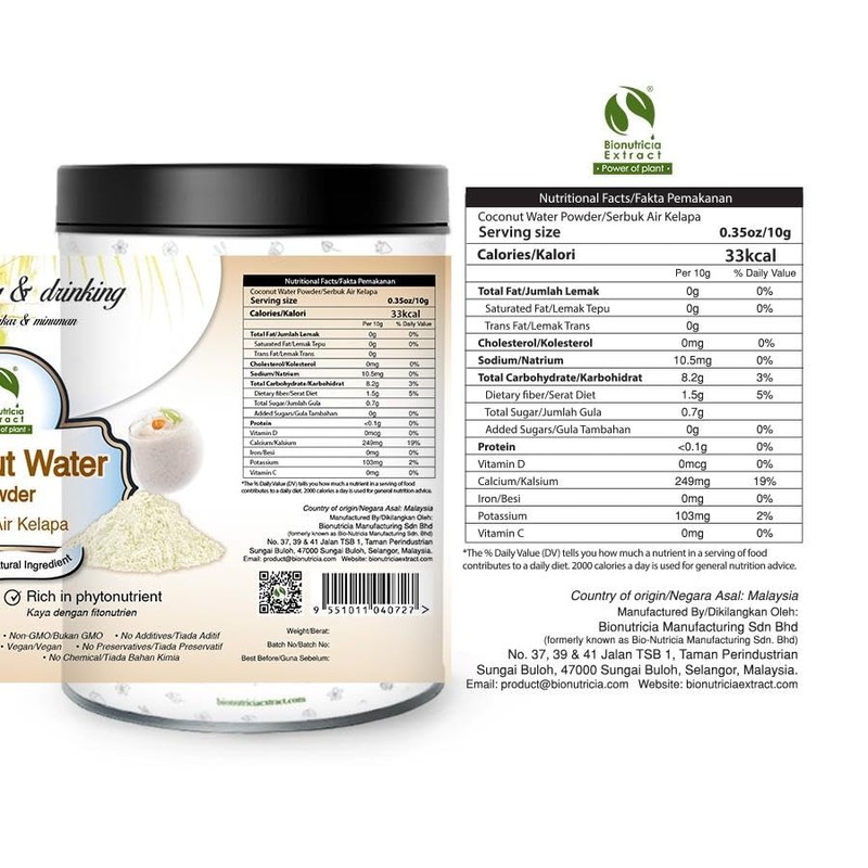 Bionutricia Coconut Water Powders, Natural Plant-Based Electrolyte Rehydration for Daily